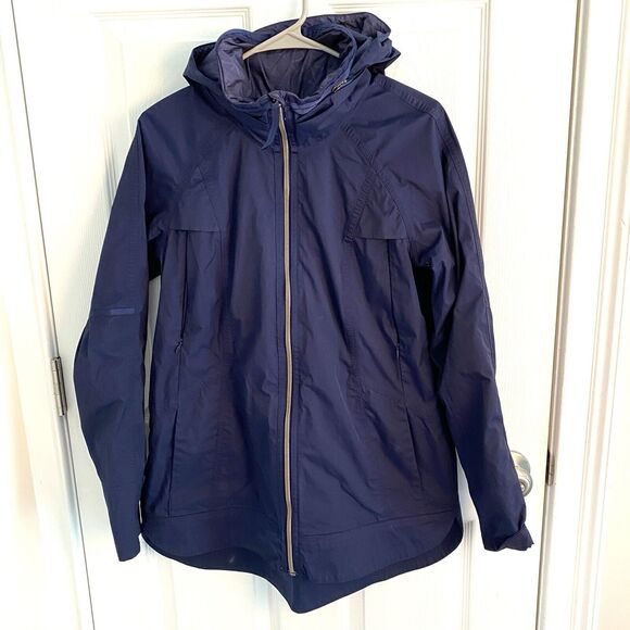 LULULEMON Fo Drizzle Rain Jacket Women Sz 8 Navy Hooded Zip Back Outdoor Rare
